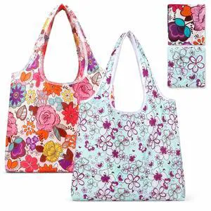 2 Pack Foldable Shopping Bag, Washable Reusable Grocery Bags with Holder in Pocket, Nylon Lightweight Tote Bags for Travel, Shopping, Daily Supplies (Colorful Flowers) 2 Pack Foldable Shopping Bag, Washable Reusable Grocery Bags with Holder in Pocket, Nylon Lightweight Tote Bags for Travel, Shopping, Daily Supplies (Colorful Flowers)