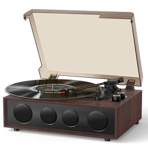 Vinyl Record Player with 4 Speakers, Adjustable Counterweight, Brown Enhanced Sound, Adjustable Tracking Force, 3-Speed Belt Drive Turntable for Vinyl Records, Auto-Stop, RCA Line-out, AUX Input Vinyl Record Player with 4 Speakers, Adjustable Counterweight, Brown Enhanced Sound, Adjustable Tracking Force, 3-Speed Belt Drive Turntable for Vinyl Records, Auto-Stop, RCA Line-out, AUX Input