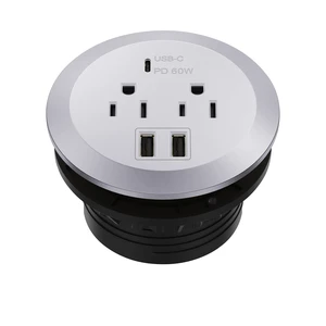Desktop Power Grommet with GaN 65W PD Fast Charging, Silver Recessed Outlet Station, USB-A & 2 USB-C Ports, Duplex Receptacles, 3" Diameter, TTRP48APD60-SV, ETL Listed Desktop Power Grommet with GaN 65W PD Fast Charging, Silver Recessed Outlet Station, USB-A & 2 USB-C Ports, Duplex Receptacles, 3" Diameter, TTRP48APD60-SV, ETL Listed