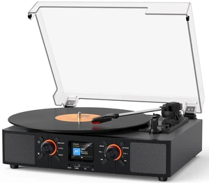 Vinyl Record Player with Built-in Speakers, 3-Speed Belt-Drive Bluetooth Turntable with LCD Display, USB Playback, Clock, RCA, AUX & Headphone Jacks, Black Vinyl Record Player with Built-in Speakers, 3-Speed Belt-Drive Bluetooth Turntable with LCD Display, USB Playback, Clock, RCA, AUX & Headphone Jacks, Black
