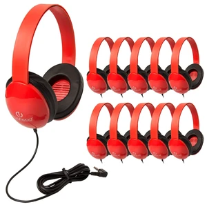 Heavy-Duty Kids' Headphones with Padded Ear Cups and 6' Cord, Adjustable Tangle-Free Plastic Classroom Headphones for Kids, Pack of 10, Red Heavy-Duty Kids' Headphones with Padded Ear Cups and 6' Cord, Adjustable Tangle-Free Plastic Classroom Headphones for Kids, Pack of 10, Red