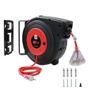 Retractable Extension Cord Reel, 50 Ft Heavy Duty Power Cord, 14 AWG/3C SJTOW, 13 AMP Circuit Breaker, Lighted Triple Tap, Ceiling or Wall Mount Retractable Extension Cord Reel, 50 Ft Heavy Duty Power Cord, 14 AWG/3C SJTOW, 13 AMP Circuit Breaker, Lighted Triple Tap, Ceiling or Wall Mount