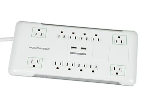 Power & Surge - 12 Outlet Surge Protector Power Strip with 2 Built In 2.1A USB Charger Ports - 6 Feet - White Cord UL Rated, 4, 230 Joules with Grounded and Protected Light Indicator Power & Surge - 12 Outlet Surge Protector Power Strip with 2 Built In 2.1A USB Charger Ports - 6 Feet - White Cord UL Rated, 4, 230 Joules with Grounded and Protected Light Indicator
