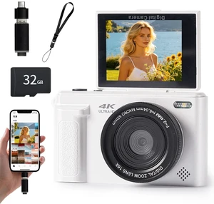 4K Digital Camera 64MP Vlogging Camera YouTube 16X Zoom Flip Screen Autofocus Compact Camera with OTG Phone Transfer; for Beginners, Teens; White 4K Digital Camera 64MP Vlogging Camera YouTube 16X Zoom Flip Screen Autofocus Compact Camera with OTG Phone Transfer; for Beginners, Teens; White