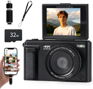 4K Digital Camera 64MP Vlogging Camera YouTube 16X Zoom Flip Screen Autofocus Compact Camera with OTG Phone Transfer; for Beginners, Teens; White 4K Digital Camera 64MP Vlogging Camera YouTube 16X Zoom Flip Screen Autofocus Compact Camera with OTG Phone Transfer; for Beginners, Teens; White