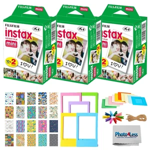 Instax Mini Twin Pack Instant Film (60 Exposures) + Travel Stickers + 5 Colored Frames + Hanging Frames + Cleaning Cloth Instax Mini Twin Pack Instant Film (60 Exposures) + Travel Stickers + 5 Colored Frames + Hanging Frames + Cleaning Cloth
