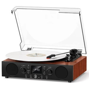 Classic Walnut Bluetooth Record Player, 3-Speed Turntable Classic walnut design with belt-drive performance, Bluetooth, FM radio, USB recording, stereo speakers and auto stop Classic Walnut Bluetooth Record Player, 3-Speed Turntable Classic walnut design with belt-drive performance, Bluetooth, FM radio, USB recording, stereo speakers and auto stop