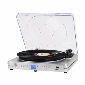 Elegant Silver Record Player for Home Listening, 3-Speed Belt-Drive Turntable with Bluetooth, USB/SD Playback, Built-in Stereo Speakers, LED Display and RCA Line Out Elegant Silver Record Player for Home Listening, 3-Speed Belt-Drive Turntable with Bluetooth, USB/SD Playback, Built-in Stereo Speakers, LED Display and RCA Line Out