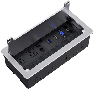 Recessed Connectivity Box Outlet for Conference Room Table with 2AC Receptacle,2RJ45, 1USB3.0, 1HDMI, 1 VGA, 13.5mm Audio, Silver Color Recessed Connectivity Box Outlet for Conference Room Table with 2AC Receptacle,2RJ45, 1USB3.0, 1HDMI, 1 VGA, 13.5mm Audio, Silver Color