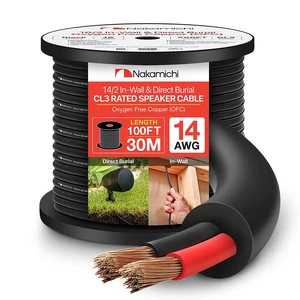 14/2 (100-Foot) in-Wall & Direct Burial (UL CL2 CL3 Rated) Oxygen-Free Copper (OFC) 2-Conductor Speaker Cable Wire, Outdoor In-Ground, in-Ceiling, Riser, Black (14AWG / 100ft / 30.48m) 14/2 (100-Foot) in-Wall & Direct Burial (UL CL2 CL3 Rated) Oxygen-Free Copper (OFC) 2-Conductor Speaker Cable Wire, Outdoor In-Ground, in-Ceiling, Riser, Black (14AWG / 100ft / 30.48m)
