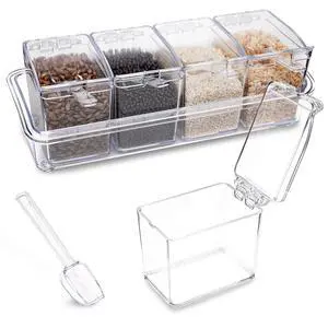 Clear Seasoning Box, 4 Pieces Seasoning Rack Spice Pots, Storage Container Condiment Jars Acrylic Seasoning Box with Covers and Spoons for Spice, Sugar, Salt, Sugar, Cardamon, Cinnamon Clear Seasoning Box, 4 Pieces Seasoning Rack Spice Pots, Storage Container Condiment Jars Acrylic Seasoning Box with Covers and Spoons for Spice, Sugar, Salt, Sugar, Cardamon, Cinnamon