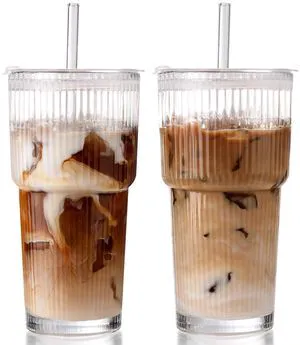 20oz Ribbed Glass Tumbler with Straw and Lid,2 Pcs Vintage Iced Coffee Cups LeakProof Tumblers,Coffee Bar Accessories,Vintage Ribbed Design,Reusable Smoothie Cup for Cold Drinks,Car-Friendly 20oz Ribbed Glass Tumbler with Straw and Lid,2 Pcs Vintage Iced Coffee Cups LeakProof Tumblers,Coffee Bar Accessories,Vintage Ribbed Design,Reusable Smoothie Cup for Cold Drinks,Car-Friendly