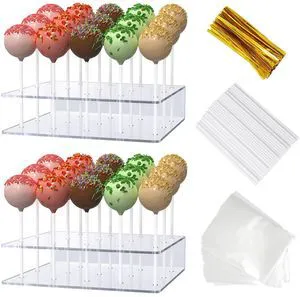 2 Pack Cake Pop Stand with Sticks Kit, Acrylic Lollipop Hold Stand | Clear Cake Pop Display Holder, 15 Holes Candy Pop Holder with 100 Pcs Sticks, 100 Pcs Clear Wrappers, 100 Pcs Gold Twist Ties 2 Pack Cake Pop Stand with Sticks Kit, Acrylic Lollipop Hold Stand | Clear Cake Pop Display Holder, 15 Holes Candy Pop Holder with 100 Pcs Sticks, 100 Pcs Clear Wrappers, 100 Pcs Gold Twist Ties