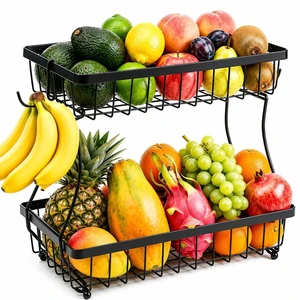 2-Tier Fruit Basket for Kitchen Counter with 2 Banana Hangers | Large Metal Fruit Bowl, Versatile Holder for Veggies, Produce Storage, 12.5"×7.5"×12"-Black 2-Tier Fruit Basket for Kitchen Counter with 2 Banana Hangers | Large Metal Fruit Bowl, Versatile Holder for Veggies, Produce Storage, 12.5"×7.5"×12"-Black