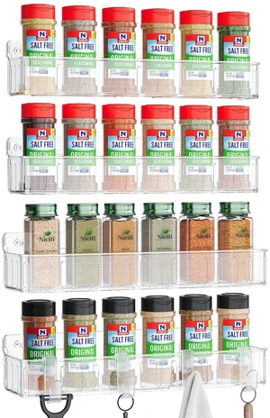 Spice Rack Wall Mount, 4 Pack Clear, 2" Depth, Screw/Adhesive | Wall-Mounted with Removable Hooks Saves Counter Space, Fits 2" Deep Jars, Ideal for Kitchen Cabinets, Pantry Doors, and RVs Spice Rack Wall Mount, 4 Pack Clear, 2" Depth, Screw/Adhesive | Wall-Mounted with Removable Hooks Saves Counter Space, Fits 2" Deep Jars, Ideal for Kitchen Cabinets, Pantry Doors, and RVs