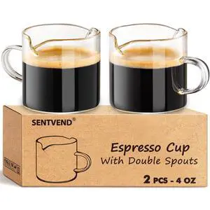 4 Oz Espresso Cups Set of 2 Double Spout with Handle Coffee Bar Accessories | Food-grade clear durable glass, Easy to clean, Smooth pouring, Ideal for coffee, desserts and salad dressing 4 Oz Espresso Cups Set of 2 Double Spout with Handle Coffee Bar Accessories | Food-grade clear durable glass, Easy to clean, Smooth pouring, Ideal for coffee, desserts and salad dressing