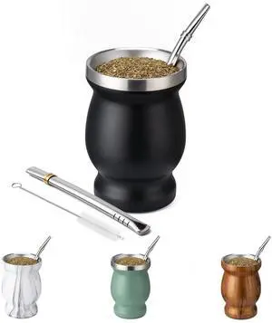 8oz Yerba Mate Cup, 304 Stainless Steel Double-Wall Mate Cup | Heat Insulation Yerba Mate Gourd, Tea Cup Set Includes Cleaning Brush & 2 Bombillas (Black) 8oz Yerba Mate Cup, 304 Stainless Steel Double-Wall Mate Cup | Heat Insulation Yerba Mate Gourd, Tea Cup Set Includes Cleaning Brush & 2 Bombillas (Black)
