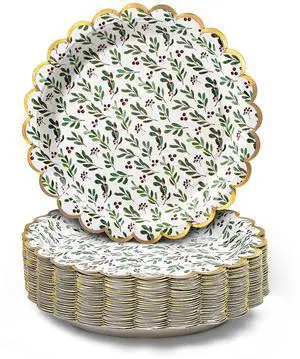 Christmas Paper Plates, 50-Count Disposable Christmas Party Supplies, Holly, Gold Foil Scalloped Edge, 9 Inches Christmas Paper Plates, 50-Count Disposable Christmas Party Supplies, Holly, Gold Foil Scalloped Edge, 9 Inches