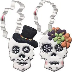 Halloween Sugar Skull Cookie Cutter Set of 2-Pc | Including: Skull with Hat, Skull with Flower, Decent Size, Premium Stainless Steel, Durable for Repeated Use, Dishwasher Safe Halloween Sugar Skull Cookie Cutter Set of 2-Pc | Including: Skull with Hat, Skull with Flower, Decent Size, Premium Stainless Steel, Durable for Repeated Use, Dishwasher Safe