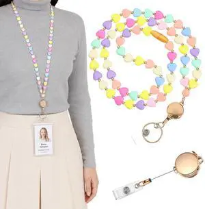 HaiFafafaing Cute Lanyards for ID Badges, Breakaway Beaded Teacher Lanyard | Colorful Hearts Lanyards with Retractable Reel and Badge Holder for Women, Teachers, Cruise ID Cards and Keys HaiFafafaing Cute Lanyards for ID Badges, Breakaway Beaded Teacher Lanyard | Colorful Hearts Lanyards with Retractable Reel and Badge Holder for Women, Teachers, Cruise ID Cards and Keys