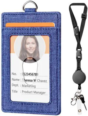 Leather Badge Holder and Adjustable Retractable Lanyards, Denim Blue | Quick Release Buckle and Safety Breakaway Lanyards with Swivel Metal Clasp for Offices, Staff, Students Leather Badge Holder and Adjustable Retractable Lanyards, Denim Blue | Quick Release Buckle and Safety Breakaway Lanyards with Swivel Metal Clasp for Offices, Staff, Students