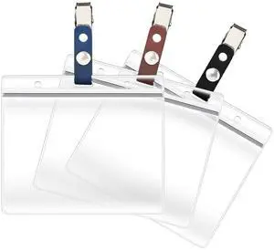 3 Pack ID Card Badge Holders with Detachable Leather Metal Badge Clips, Horizontal Waterproof Clear Extra Thick PVC Plastic Name Tags for Nurses Office School Students Teachers Work 3 Pack ID Card Badge Holders with Detachable Leather Metal Badge Clips, Horizontal Waterproof Clear Extra Thick PVC Plastic Name Tags for Nurses Office School Students Teachers Work