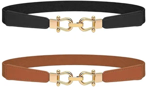 Aulacakuna Elastic Belt For Women, Gold Buckle Trendy Thin Leather Belts For Vintage Dress Jeans (Black+Brown, S Belt Length 27in,Up to 31in) Aulacakuna Elastic Belt For Women, Gold Buckle Trendy Thin Leather Belts For Vintage Dress Jeans (Black+Brown, S Belt Length 27in,Up to 31in)