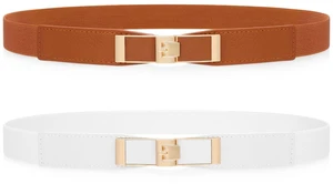 WHIPPY 2 Pack Women Skinny Elastic Belts Ladies Thin Stretch Waist Belt with Gold Buckle for Dresses Suits, Brown+White S WHIPPY 2 Pack Women Skinny Elastic Belts Ladies Thin Stretch Waist Belt with Gold Buckle for Dresses Suits, Brown+White S