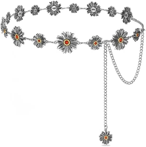 WOWOGO Silver Western Turquoise Chain Belt for Women with Daisy Pattern Cowgirl Concho Metal Waist Belt for Boho Country WOWOGO Silver Western Turquoise Chain Belt for Women with Daisy Pattern Cowgirl Concho Metal Waist Belt for Boho Country