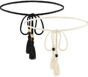 2 PCS Women's Skinny Tassel Waist Belt with Wooden Beads, Black + White Thin Woven Waist Rope Belt for Women Girls Godness Boho Braided Waist Belt Rope Chain for Thin Dresses Skirts Tunics 2 PCS Women's Skinny Tassel Waist Belt with Wooden Beads, Black + White Thin Woven Waist Rope Belt for Women Girls Godness Boho Braided Waist Belt Rope Chain for Thin Dresses Skirts Tunics