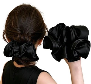 Black Satin Scrunchies, Curly Hair Friendly Elastic Hair Ties for Women | Solid satin scrunchies; strong elastic; gentle on hair; comfortable to wear; 2 pieces non-slip for daily styling Black Satin Scrunchies, Curly Hair Friendly Elastic Hair Ties for Women | Solid satin scrunchies; strong elastic; gentle on hair; comfortable to wear; 2 pieces non-slip for daily styling