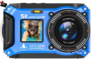 5K Underwater Camera 64MP 33FT Waterproof, 32GB Card Dual-Screen Dustproof Suitable for Snorkeling, Vacation, UHD Autofocus Point-and-Shoot, Compact, Floatable, 1500mAh Battery, Type-C, Blue 5K Underwater Camera 64MP 33FT Waterproof, 32GB Card Dual-Screen Dustproof Suitable for Snorkeling, Vacation, UHD Autofocus Point-and-Shoot, Compact, Floatable, 1500mAh Battery, Type-C, Blue