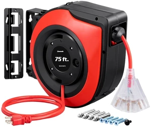75FT Extension Cord Reel, 10A Circuit Breaker, UL Listed,Red 14/3C SJTOW, 10A Circuit Breaker, Lighted Triple Outlets, Ceiling/Wall Mount, 180° Swivel Bracket for Garage, Workshop 75FT Extension Cord Reel, 10A Circuit Breaker, UL Listed,Red 14/3C SJTOW, 10A Circuit Breaker, Lighted Triple Outlets, Ceiling/Wall Mount, 180° Swivel Bracket for Garage, Workshop