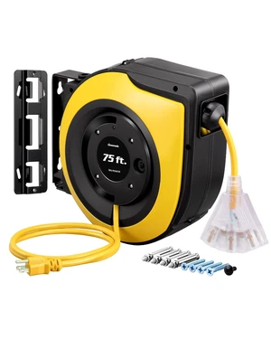 75FT Electric Cord Reel14/3C SJTOW Cord Reel, UL Listed,Yellow Retractable Cord Reel, 10A Circuit Breaker, Ceiling/Wall Mount, 180° Swivel Bracket for Garage, Workshop 75FT Electric Cord Reel14/3C SJTOW Cord Reel, UL Listed,Yellow Retractable Cord Reel, 10A Circuit Breaker, Ceiling/Wall Mount, 180° Swivel Bracket for Garage, Workshop