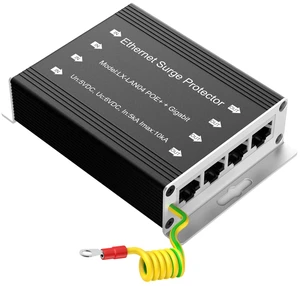 4-Port (4 in/4 Out) RJ45 Ethernet Surge Protector, 10KV Lightning Arrestor, PoE++ Compatible, Gigabit Speed, GDT Technology, Metal Shielded, CAT5/CAT6, Wide Temperature with Flange Mount 4-Port (4 in/4 Out) RJ45 Ethernet Surge Protector, 10KV Lightning Arrestor, PoE++ Compatible, Gigabit Speed, GDT Technology, Metal Shielded, CAT5/CAT6, Wide Temperature with Flange Mount