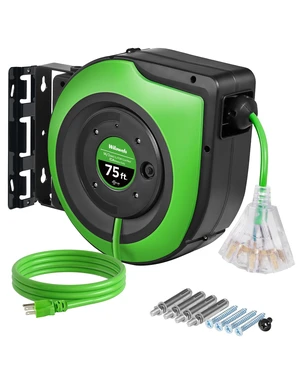 Retractable Cord Reel, 75 FT Heavy Duty Extension Cord, 14AWG/3C SJTOW, 3 Grounded Outlets Lighted Triple Tap, 10A Circuit Breaker, Wall/Ceiling Mounted, UL Listed, Green J75CR06 Retractable Cord Reel, 75 FT Heavy Duty Extension Cord, 14AWG/3C SJTOW, 3 Grounded Outlets Lighted Triple Tap, 10A Circuit Breaker, Wall/Ceiling Mounted, UL Listed, Green J75CR06
