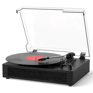 Vinyl Record Player with Bluetooth & Built-in Stereo Speakers, Vintage 3-Speed Belt-Drive Turntable with Auto Stop, RCA Output & AUX in/Out, Black Wood Vinyl Record Player with Bluetooth & Built-in Stereo Speakers, Vintage 3-Speed Belt-Drive Turntable with Auto Stop, RCA Output & AUX in/Out, Black Wood