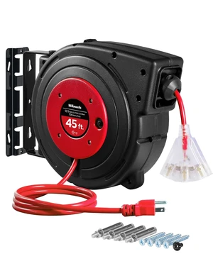 Retractable Extension Cord Reel, 45 FT Heavy Duty Power Cord, 12AWG/3C SJTOW, 3 Grounded Outlets Lighted Triple Tap, 15 Amp Circuit Breaker, UL Listed, Red R45CR06 Retractable Extension Cord Reel, 45 FT Heavy Duty Power Cord, 12AWG/3C SJTOW, 3 Grounded Outlets Lighted Triple Tap, 15 Amp Circuit Breaker, UL Listed, Red R45CR06
