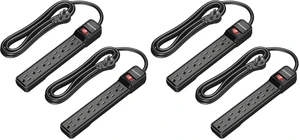 4-Pack 10FT Power Strip Surge Protector, 6-Outlet Strip with Low Profile Flat Plug, 15 Amp Circuit Breaker, 500 Joules, Wall Mount, Black, UL Listed 4-Pack 10FT Power Strip Surge Protector, 6-Outlet Strip with Low Profile Flat Plug, 15 Amp Circuit Breaker, 500 Joules, Wall Mount, Black, UL Listed