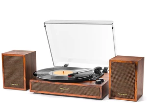 Vinyl Record Player with External Speakers, 3 Speed Vintage Stereo Turntable for Vinyl Records, Bluetooth Input, Auto Stop & Belt Driven System, RCA Out and Aux in - Brown Vinyl Record Player with External Speakers, 3 Speed Vintage Stereo Turntable for Vinyl Records, Bluetooth Input, Auto Stop & Belt Driven System, RCA Out and Aux in - Brown