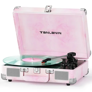 Watercolor Record Player with Speakers, Bass/Treble Control, Pink Vintage portable suitcase turntable Bluetooth input, 3-speed auto stop, RCA/AUX/headphone jack, home décor gift for dorms Watercolor Record Player with Speakers, Bass/Treble Control, Pink Vintage portable suitcase turntable Bluetooth input, 3-speed auto stop, RCA/AUX/headphone jack, home décor gift for dorms