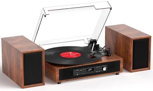 Vinyl Record Player, 4+2 External Stereo Speakers, Brown, (6 Speakers) 3-Speed Belt-Drive Turntable, HiFi Sound, USB/SD Recording Vinyl to Digital, RCA & Headphone Out AUX-in Vinyl Record Player, 4+2 External Stereo Speakers, Brown, (6 Speakers) 3-Speed Belt-Drive Turntable, HiFi Sound, USB/SD Recording Vinyl to Digital, RCA & Headphone Out AUX-in