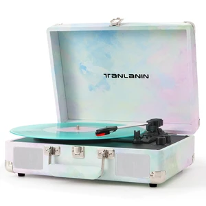 Watercolor Record Player with Speakers, Bass/Treble Control, Green Vintage portable suitcase turntable Bluetooth input, 3-speed auto stop, RCA/AUX/headphone jack, home décor gift for dorms Watercolor Record Player with Speakers, Bass/Treble Control, Green Vintage portable suitcase turntable Bluetooth input, 3-speed auto stop, RCA/AUX/headphone jack, home décor gift for dorms