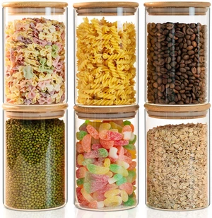 Glass Food Storage Canisters, 6-Piece Set (37 oz / approx. 1.1 L, 4 x 6 inches) Clear glass jars with airtight bamboo lids; suitable for storing tea, coffee, flour, sugar, candy, cookies, spices, et Glass Food Storage Canisters, 6-Piece Set (37 oz / approx. 1.1 L, 4 x 6 inches) Clear glass jars with airtight bamboo lids; suitable for storing tea, coffee, flour, sugar, candy, cookies, spices, et