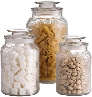 A three-piece set of glass storage jars (with capacities of 34 oz, 44 oz, and 54 oz) featuring vintage-style lids, suitable for storing a variety of foods such as cookies, candy, coffee, flour, sugar, A three-piece set of glass storage jars (with capacities of 34 oz, 44 oz, and 54 oz) featuring vintage-style lids, suitable for storing a variety of foods such as cookies, candy, coffee, flour, sugar,