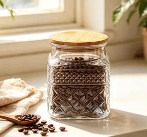 38 oz (approx. 1.1 L) Square Glass Storage Jar with Vintage Pattern and Airtight Lid | Suitable for storing sugar, cereal, nuts, candy, and more; features an airtight bamboo lid and thickened glass co 38 oz (approx. 1.1 L) Square Glass Storage Jar with Vintage Pattern and Airtight Lid | Suitable for storing sugar, cereal, nuts, candy, and more; features an airtight bamboo lid and thickened glass co