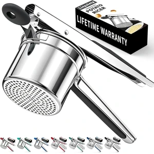Large 15-ounce potato masherideal for making mashed potatoes and baby food; crafted from heavy-duty 18/8 stainless steel, it functions as both a masher and a pressan essential black kitchen tool. Large 15-ounce potato masherideal for making mashed potatoes and baby food; crafted from heavy-duty 18/8 stainless steel, it functions as both a masher and a pressan essential black kitchen tool.