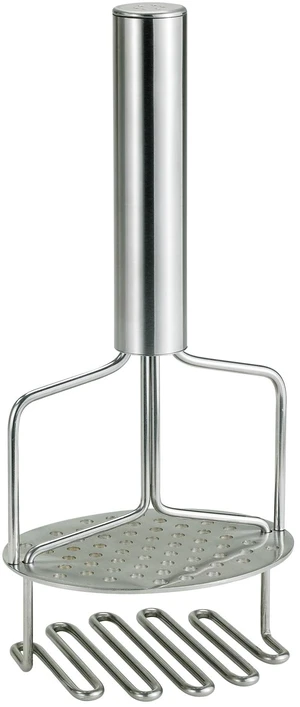 Dual-action potato masher (combining mashing and pressing functions), made of 18/8 stainless steel, featuring a wire mashing grid with a built-in pressing disc. Dual-action potato masher (combining mashing and pressing functions), made of 18/8 stainless steel, featuring a wire mashing grid with a built-in pressing disc.