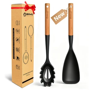 Silicone Cooking Spoon and Pasta Fork Set 2-Piece Large Set with Wooden Handles; Versatile Non-Stick Kitchen Tools for Cooking, Serving, Stirring, and Lifting Pasta (Black) Silicone Cooking Spoon and Pasta Fork Set 2-Piece Large Set with Wooden Handles; Versatile Non-Stick Kitchen Tools for Cooking, Serving, Stirring, and Lifting Pasta (Black)
