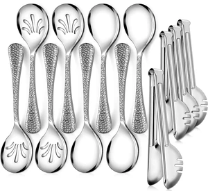 Hammered Stainless Steel Serving Set (12-Piece): Includes 10-inch serving spoon, 10-inch slotted spoon, and 9-inch serving tongs (Silver) Hammered Stainless Steel Serving Set (12-Piece): Includes 10-inch serving spoon, 10-inch slotted spoon, and 9-inch serving tongs (Silver)